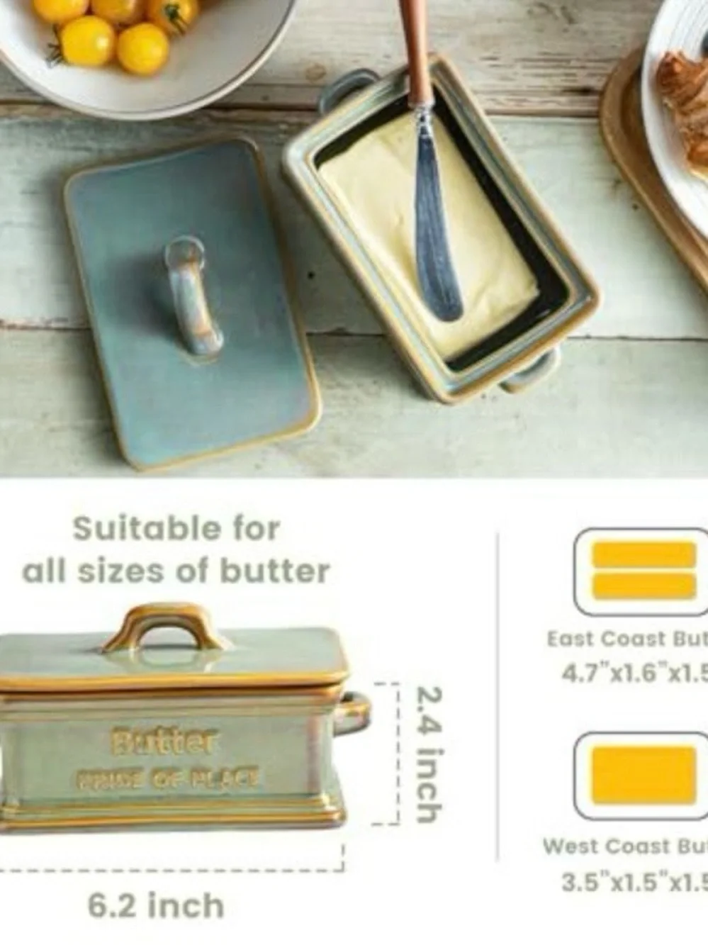 Glazed Ceramic Butter Dish with Raised Lettering